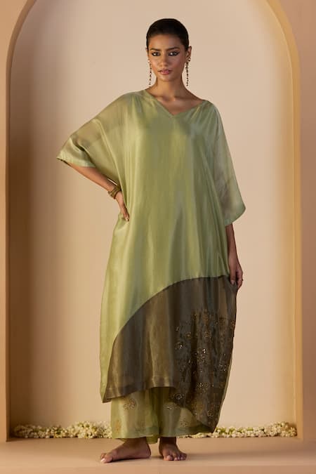 Shop_Sarang Kaur_Green Tissue, Silk Embroidery V-neck Zehra Kaftan Set _Online_at_Aza_Fashions