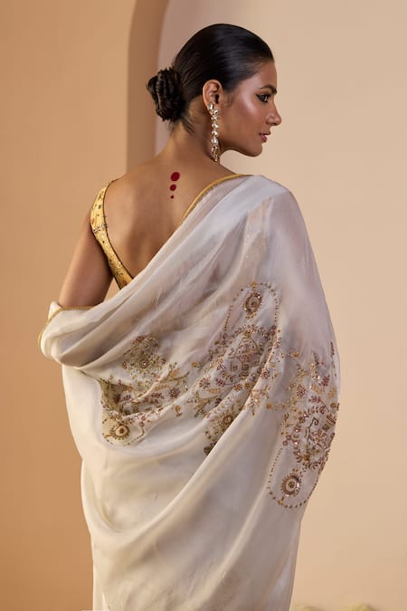 Sarang Kaur White Iqra Saree With Unstitched Blouse 