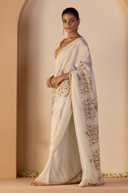Buy_Sarang Kaur_White Tissue, Silk Beads, Sequins Iqra Saree With Unstitched Blouse _Online_at_Aza_Fashions