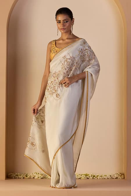 Shop_Sarang Kaur_White Tissue, Silk Beads, Sequins Iqra Saree With Unstitched Blouse _Online_at_Aza_Fashions