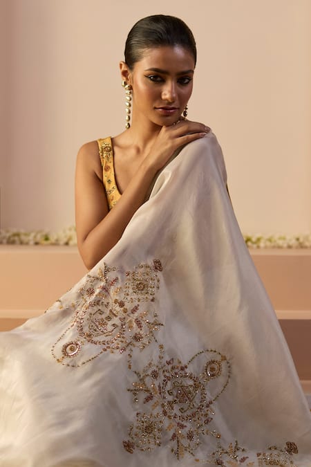 Sarang Kaur_White Tissue, Silk Beads, Sequins Iqra Saree With Unstitched Blouse _at_Aza_Fashions