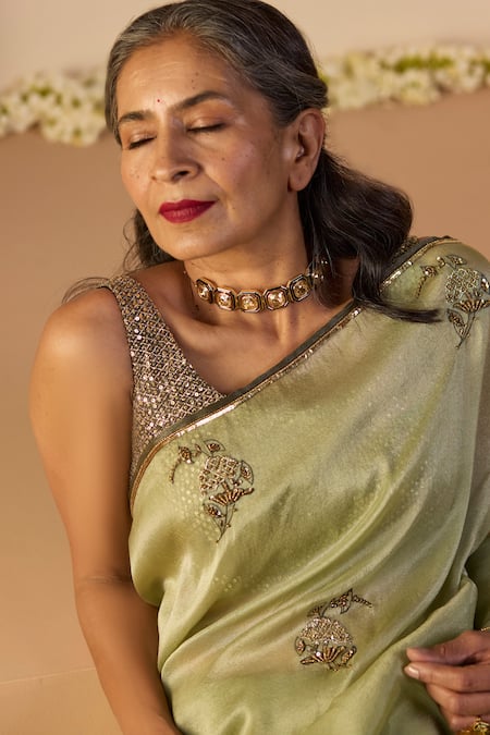 Buy_Sarang Kaur_Green Tissue, Silk Embroidery Iqra Saree With Unstitched Blouse _Online_at_Aza_Fashions