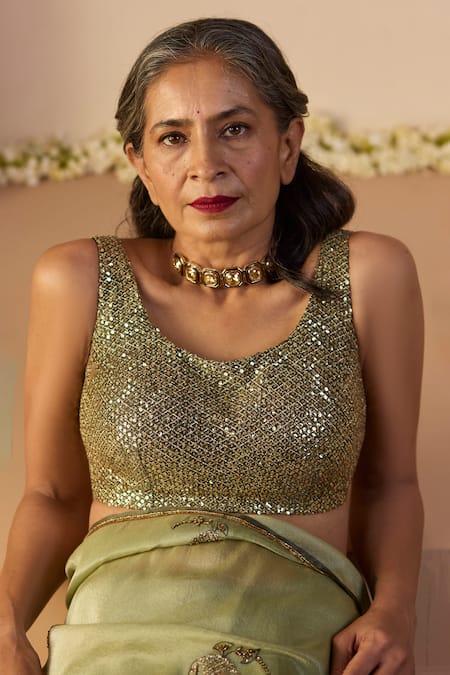 Shop_Sarang Kaur_Green Tissue, Silk Embroidery Iqra Saree With Unstitched Blouse _Online_at_Aza_Fashions