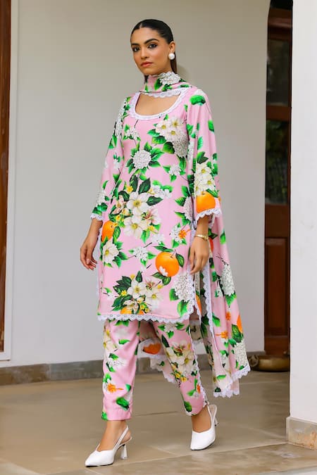 Sanam_Pink Muslin Lace Round Neck Alia Floral Print Kurta Set _at_Aza_Fashions