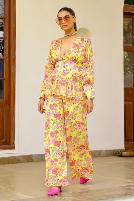 Shop_Sanam_Yellow Chiffon V-neck Rose Print Peplum Top And Pant Set _Online_at_Aza_Fashions
