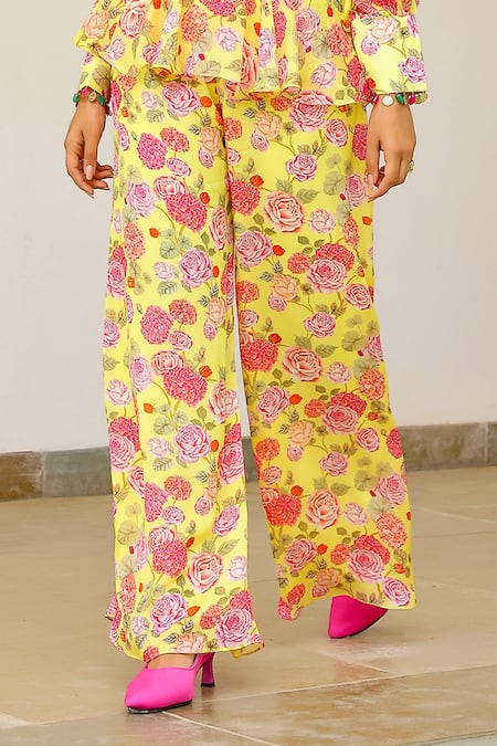 Sanam_Yellow Chiffon V-neck Rose Print Peplum Top And Pant Set _at_Aza_Fashions