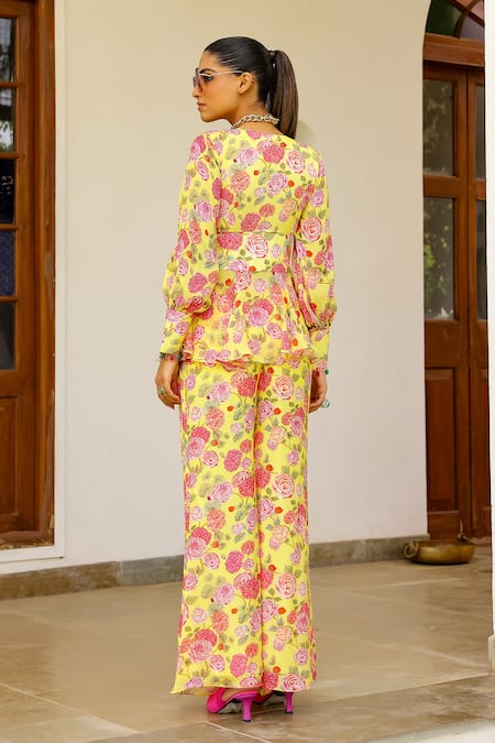 Sanam Yellow Rose Print Peplum Top & Pant Set 