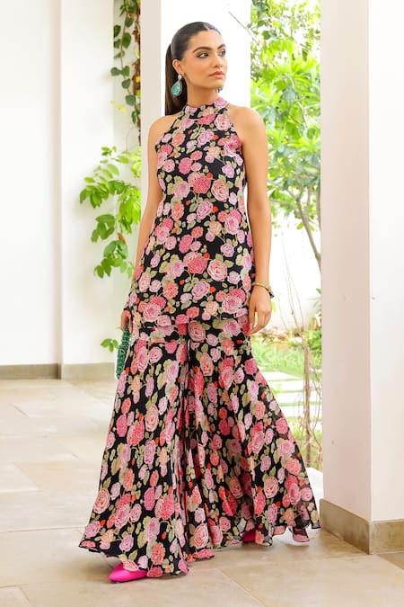 Buy_Sanam_Black Chiffon Halter Neck Noor Printed Kurta And Sharara Set 