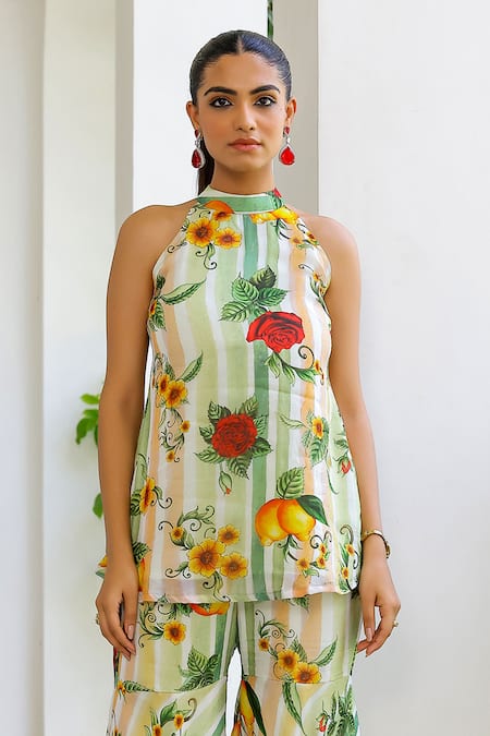 Buy_Sanam_Multi Color Organza Halter Neck Senorita Printed Kurta And Sharara Set _Online_at_Aza_Fashions