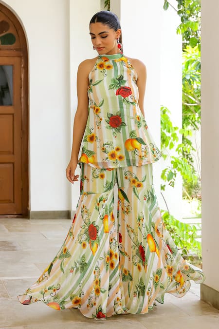 Shop_Sanam_Multi Color Organza Halter Neck Senorita Printed Kurta And Sharara Set _Online_at_Aza_Fashions