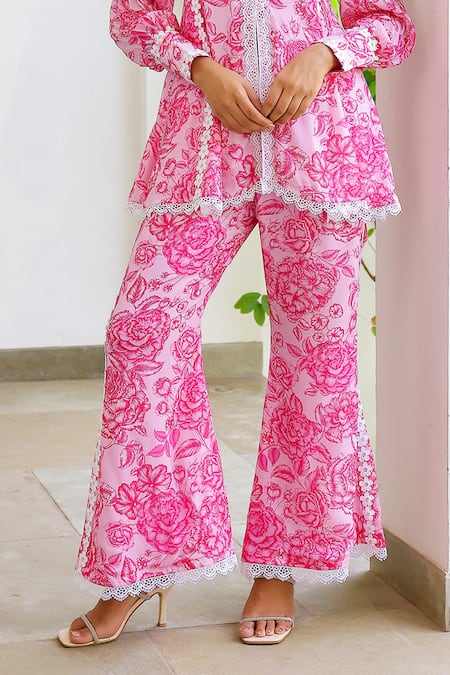 Sanam_Pink Chiffon Embroidery V-neck Lily Print Kurta And Pant Set _at_Aza_Fashions