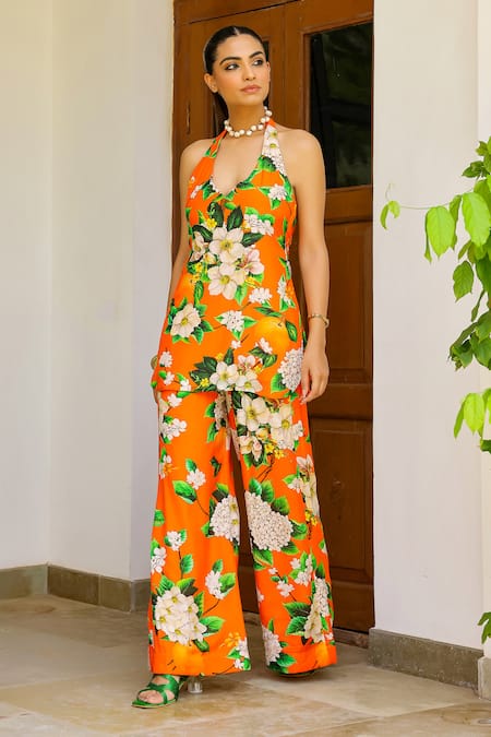 Sanam Orange Muslin Halter Neck Jasmine Print Kurta And Pant Set 