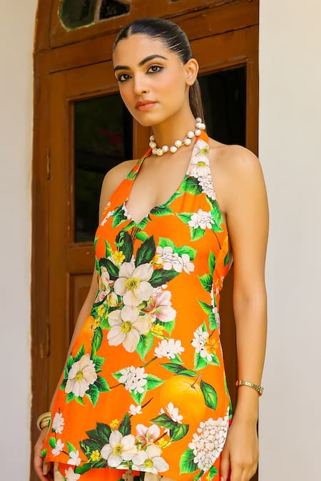 Sanam_Orange Muslin Halter Neck Jasmine Print Kurta And Pant Set _at_Aza_Fashions