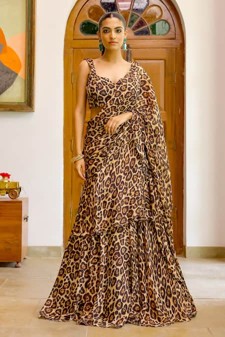 Sanam Brown Chiffon Sweetheart Neck Leo Printed Pre-draped Saree With Blouse 