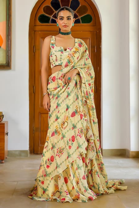 Buy_Sanam_Cream Organza Square Neck Jewels Printed Pre-draped Saree With Blouse _Online_at_Aza_Fashions