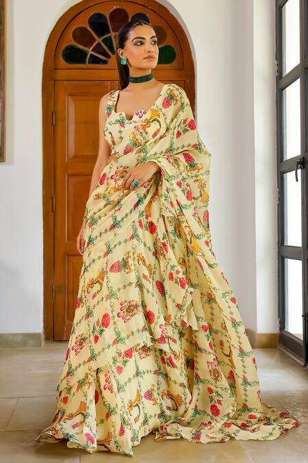 Shop_Sanam_Cream Organza Square Neck Jewels Printed Pre-draped Saree With Blouse _Online_at_Aza_Fashions