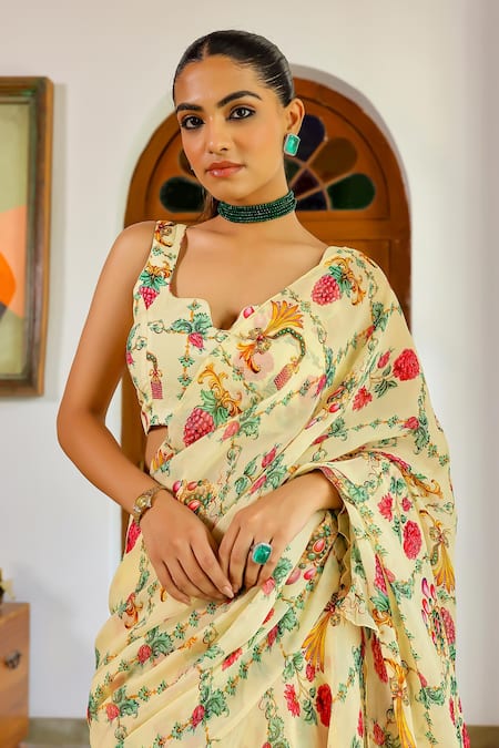 Sanam_Cream Organza Square Neck Jewels Printed Pre-draped Saree With Blouse _at_Aza_Fashions