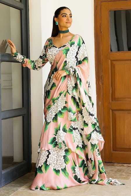 Buy_Sanam_Pink Satin, Silk Embroidery Charlotte Floral Print Pre-draped Saree With Blouse _Online_at_Aza_Fashions