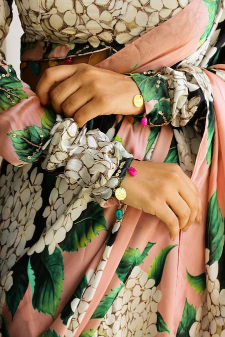 Sanam_Pink Satin, Silk Embroidery Charlotte Floral Print Pre-draped Saree With Blouse _at_Aza_Fashions