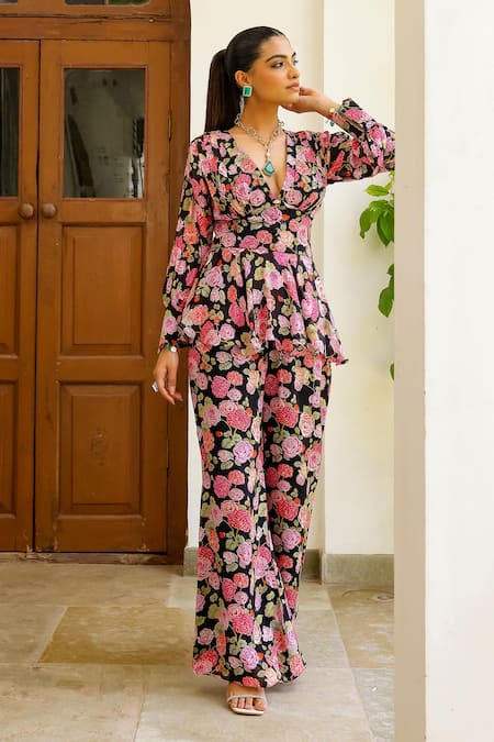 Buy_Sanam_Black Chiffon V-neck Rose Print Peplum Top And Pant Set _Online_at_Aza_Fashions