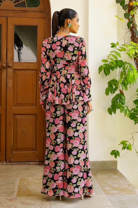 Sanam Black Rose Print Peplum Top & Pant Set 