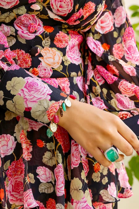 Shop_Sanam_Black Chiffon V-neck Rose Print Peplum Top And Pant Set _Online_at_Aza_Fashions