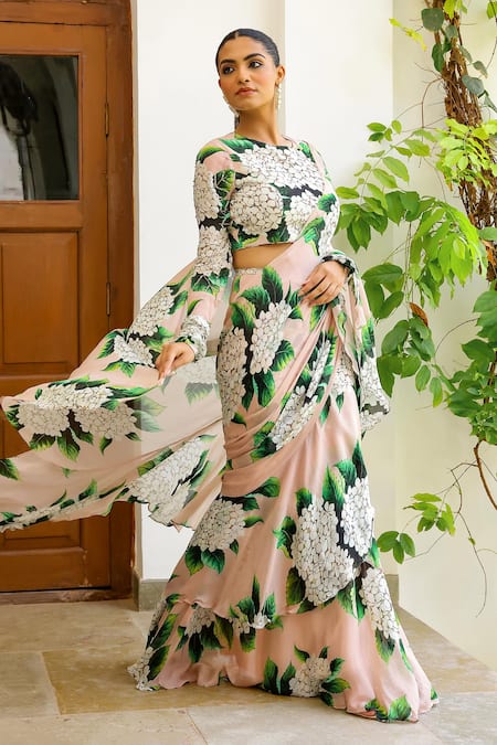 Buy_Sanam_Beige Chiffon Embroidery Isabella Floral Print Pre-draped Saree With Blouse _Online_at_Aza_Fashions