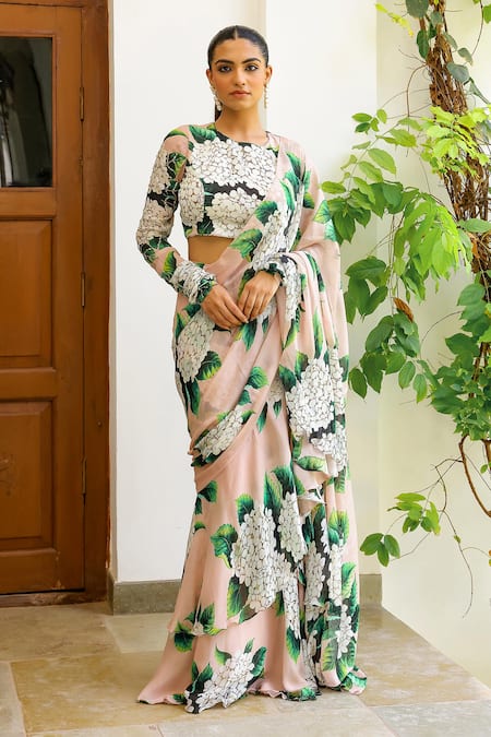 Sanam Beige Chiffon Embroidery Isabella Floral Print Pre-draped Saree With Blouse 
