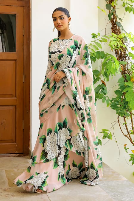 Shop_Sanam_Beige Chiffon Embroidery Isabella Floral Print Pre-draped Saree With Blouse _Online_at_Aza_Fashions