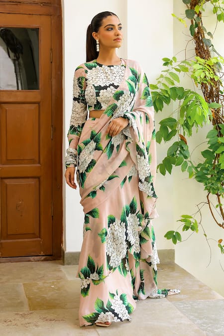 Sanam_Beige Chiffon Embroidery Isabella Floral Print Pre-draped Saree With Blouse _at_Aza_Fashions