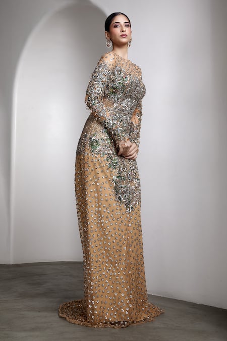 Rocky Star_Beige Net Crystals, Embroidery, Beads Round Neck Gown _Online_at_Aza_Fashions
