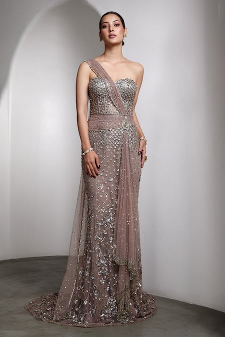 Rocky Star Pink Net Sequins, Beads Sweetheart Neck Embellished Bodycon Gown 