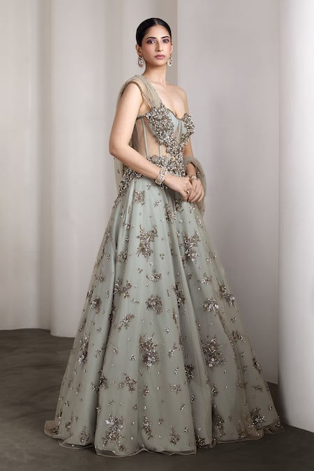 Rocky Star_Gray Net Sequins Sweetheart Neck Embroidered Gown _Online_at_Aza_Fashions