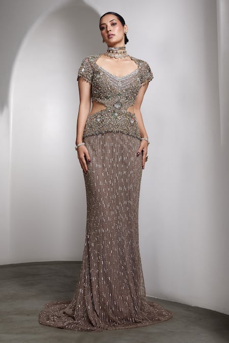 Shop_Rocky Star_Gray Net Sequins, Beads Sweetheart Neck Embellished Bodycon Gown _Online_at_Aza_Fashions