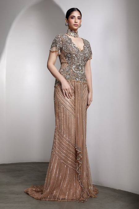 Shop_Rocky Star_Beige Net Sequins, Beads V-neck Embellished Fitted Bodice Gown _Online_at_Aza_Fashions