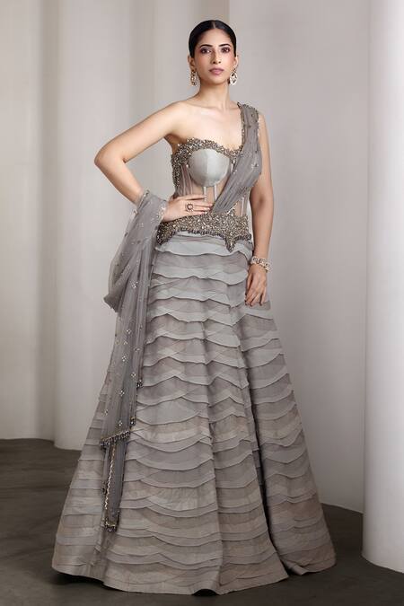 Rocky Star_Gray Embroidery, Beads Collared Corset Bodice Gown _Online_at_Aza_Fashions