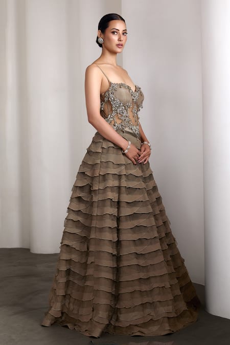 Rocky Star Olive Green Embroidery Sweetheart Neck Corset Bodice Gown Online at Aza Fashions Rocky Star_Olive Green Embroidery Sweetheart Neck Corset Bodice Gown _Online_at_Aza_Fashions