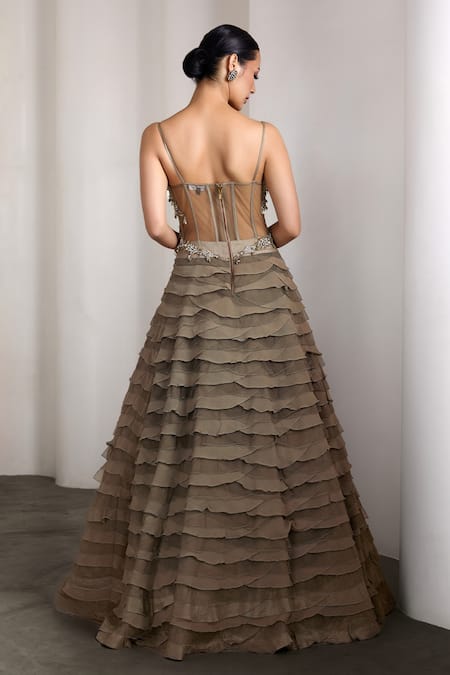 Shop Rocky Star Olive Green Embroidery Sweetheart Neck Corset Bodice Gown at Aza Fashions Shop_Rocky Star_Olive Green Embroidery Sweetheart Neck Corset Bodice Gown _at_Aza_Fashions