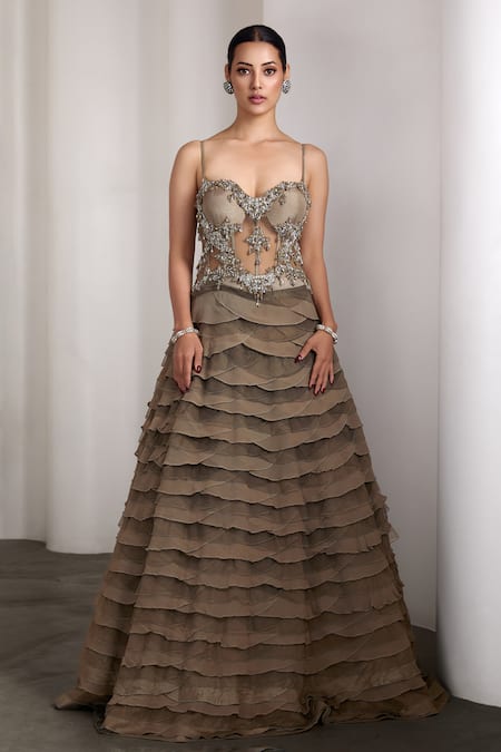 Rocky Star Olive Green Embroidery Sweetheart Neck Corset Bodice Gown