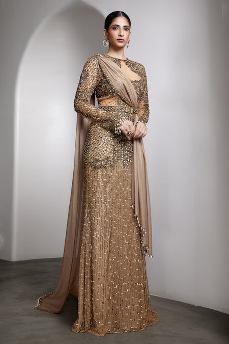 Rocky Star_Beige Net Beads, Sequins Round Neck Asymmetric Cut Out Embellished Gown _Online_at_Aza_Fashions