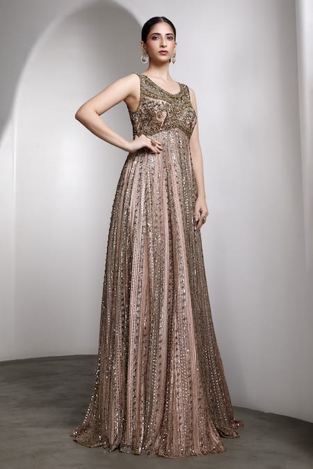 Rocky Star Pink Net Sequins, Embroidery Round Neck Embellished Gown Online at Aza Fashions Rocky Star_Pink Net Sequins, Embroidery Round Neck Embellished Gown _Online_at_Aza_Fashions