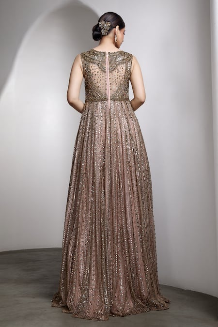 Shop Rocky Star Pink Net Sequins, Embroidery Round Neck Embellished Gown at Aza Fashions Shop_Rocky Star_Pink Net Sequins, Embroidery Round Neck Embellished Gown _at_Aza_Fashions