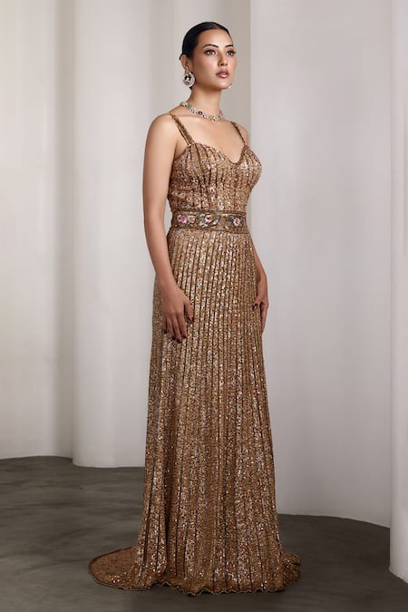 Rocky Star_Beige Net Sequins, Embroidery Sweetheart Neck Embellished Gown _Online_at_Aza_Fashions