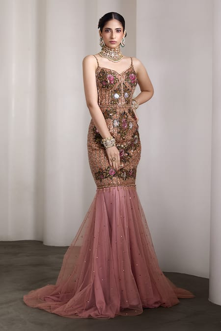 Rocky Star Pink Net Beads, Sequins Sweetheart Neck Embellished Mermaid Cut Gown Online at Aza Fashions Rocky Star_Pink Net Beads, Sequins Sweetheart Neck Embellished Mermaid Cut Gown _Online_at_Aza_Fashions