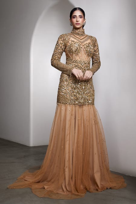 Rocky Star_Beige Net Sequins, Embroidery High Neck Embellished Flared Hem Gown _Online_at_Aza_Fashions