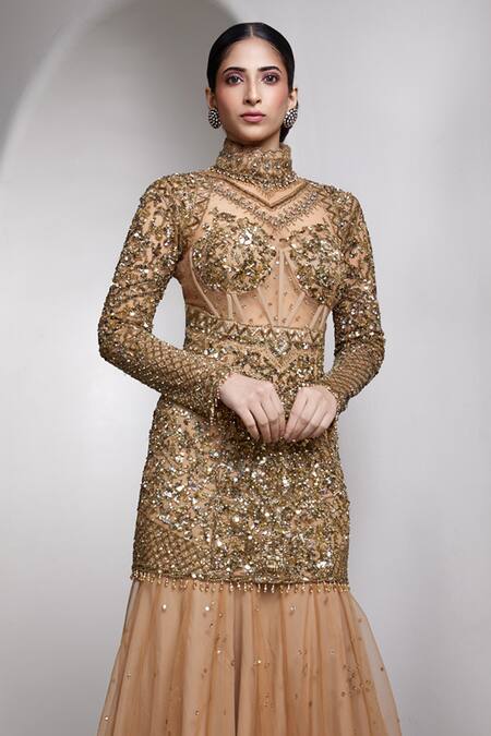 Buy_Rocky Star_Beige Net Sequins, Embroidery High Neck Embellished Flared Hem Gown _Online_at_Aza_Fashions