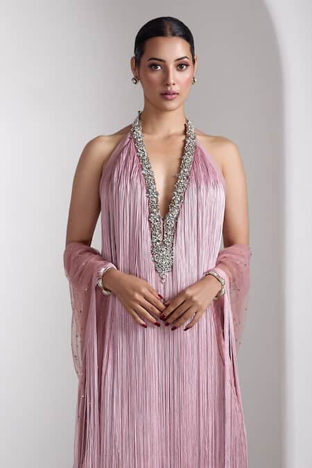 Rocky Star_Pink Lycra, Net Fringe, Beads Halter Neck, Tassel Gown With Cape _Online_at_Aza_Fashions