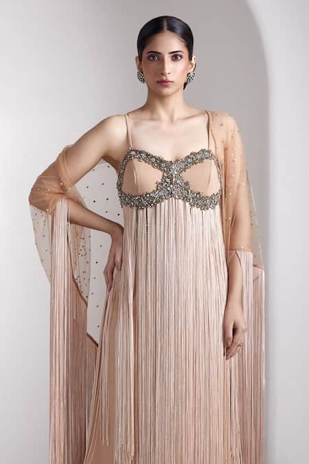 Rocky Star_Beige Lycra, Net Fringe, Beads Scoop , Round Embellished Gown With Cape _Online_at_Aza_Fashions