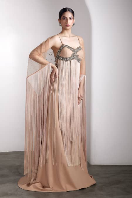Buy_Rocky Star_Beige Lycra, Net Fringe, Beads Scoop , Round Embellished Gown With Cape _Online_at_Aza_Fashions