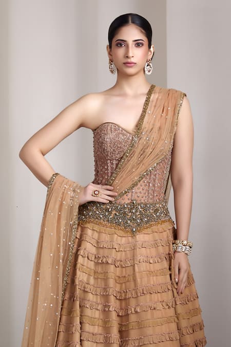 Rocky Star_Brown Net, Silk Sequins, Beads, Embroidery Sweetheart Embellished Lehenga Set _Online_at_Aza_Fashions